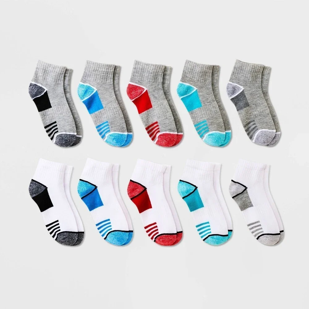 Cat & Jack Boys' 10pk Striped Lightweight Ankle Socks Size Small 5.5-8.5